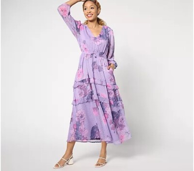 sachin and babi light blue dress MissJophiel Women Long Sleeves V Neck Floral Chiffon Maxi Dress Formal Evening Gown Peach As Pictures / Floor Length / US22W main image 0