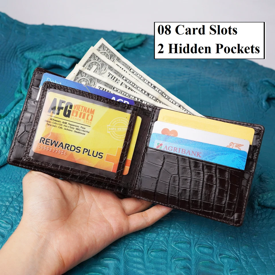 Cartera plegable de cuero marrón de cocodrilo para hombre billetera billetera bloque RFID Foto 3 de 4