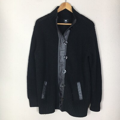 W By Worth Womens Small Black 100% Wool Knit Zip Front Button Cardigan Sweater