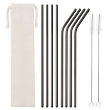 8x Stainless Steel Black Reusable Extra Long 26cm Drinking Straw + Brush + Pouch