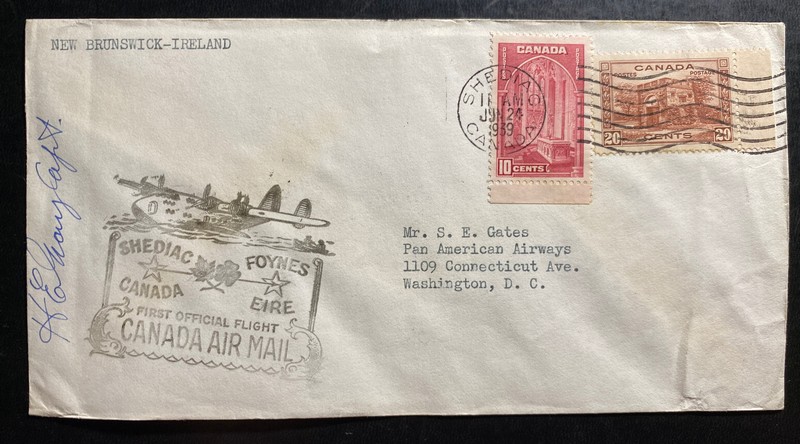 1939 Shediac Canada First Flight Airmail Cover To Dublin Ireland Pilot Signed