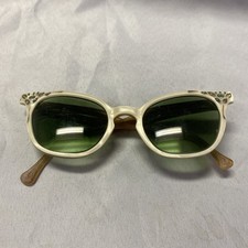 Vintage 1950s MCM Cat Eye Mother Of Pearl Sunglasses w/ Green Lenses