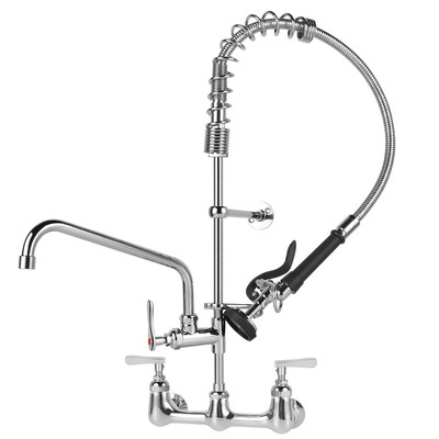 Commercial Kitchen Faucet with Pre Rinse Sprayer 8 Inch Center Wall Mount Sin...
