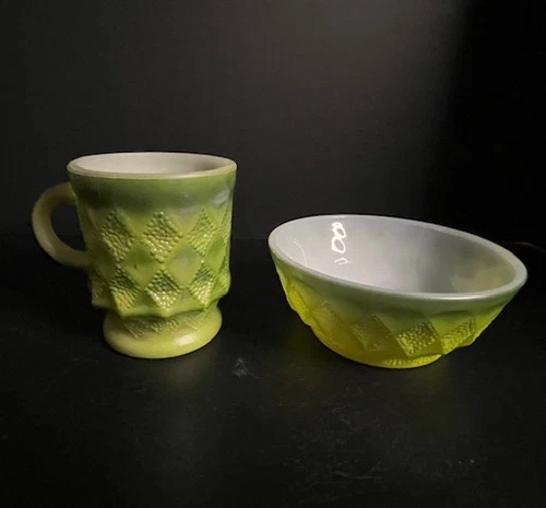 Vintage Fire King Green Kimberly Diamond Pattern Coffee Mug and Bowl