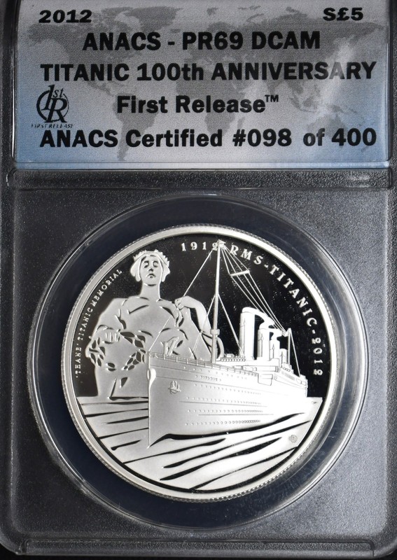 2012 Alderney 5lbs Titanic 100th Anniversary ANACS PR69 DCAM Silver 1st Release