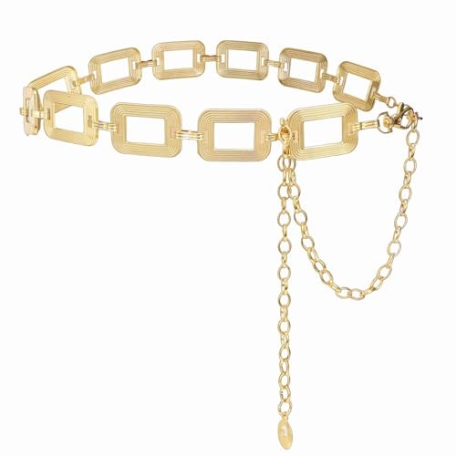 "Chian Belt for Women Fashion Boho Metal Waist S:Fit Waist up to 31\" Gold Square"