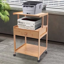 Space-Saving Printer Storage Rack Bamboo Rolling Cart Portable Printer Stand US~
