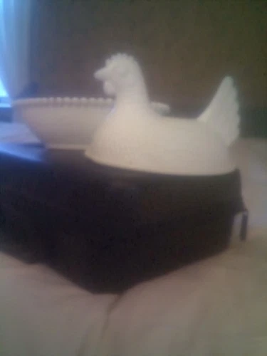 Vintage White Milk Glass Hen on Nest Covered Candy Dish Beaded Rim Oval 7"
