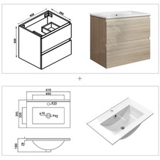 Gloss Oak Bathroom Vanity Unit Basin Wall Hung 2 Drawers 500 600 800mm
