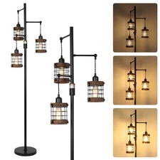 Floor Lamp 3 Light Dimmable Industrial Wood Metal Cage Farmhouse Black Airposta