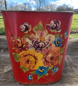 Vintage Harvell Floral Metal Trash Can Red MCM