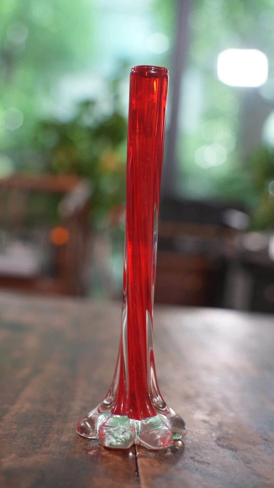 Vintage Ruby Red Art Glass Bud Vase, Twisted Stem, Elephant Foot Base
Opens in a new window or tab