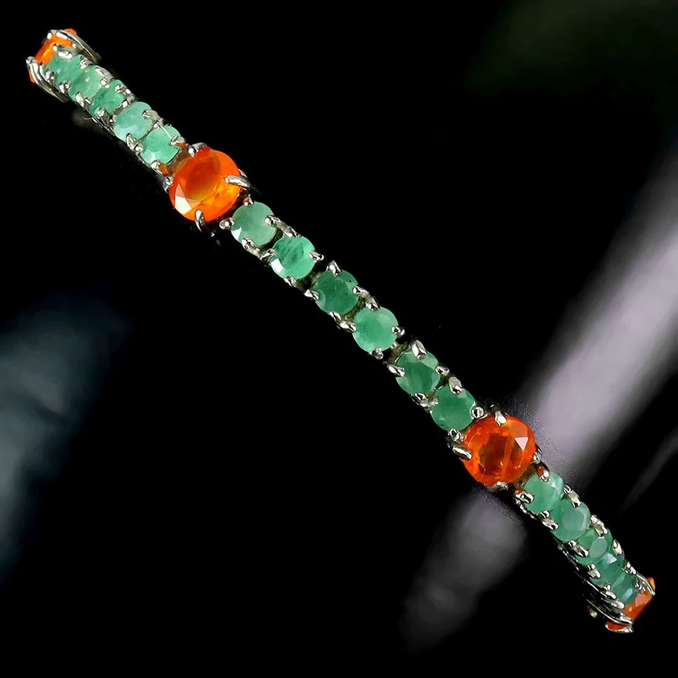Pulsera de plata de ley 925 redonda naranja ópalo esmeralda piedras preciosas joyería 7,5 pulgadas Foto 2 de 4
