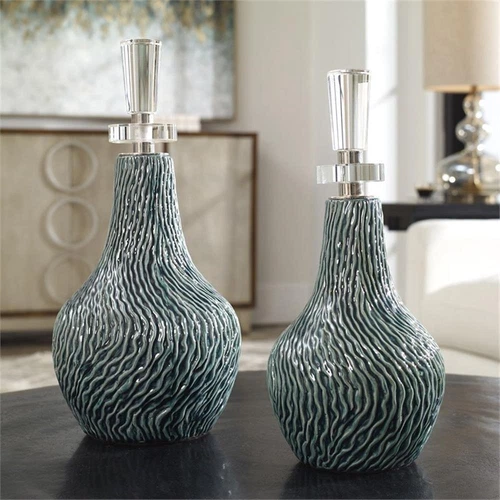 Uttermost Almera Coastal Ceramic and Iron Bottles in Blue (Set of 2) - Picture 4 of 4