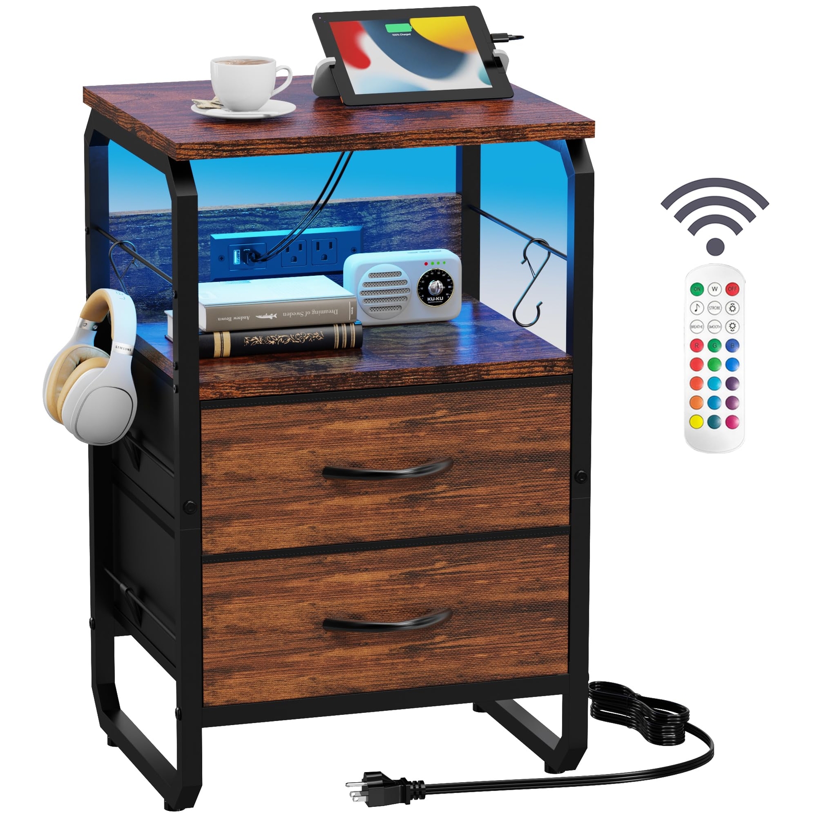 LED Nightstand with Storage Drawers & Hooks - Modern Bedside End Table