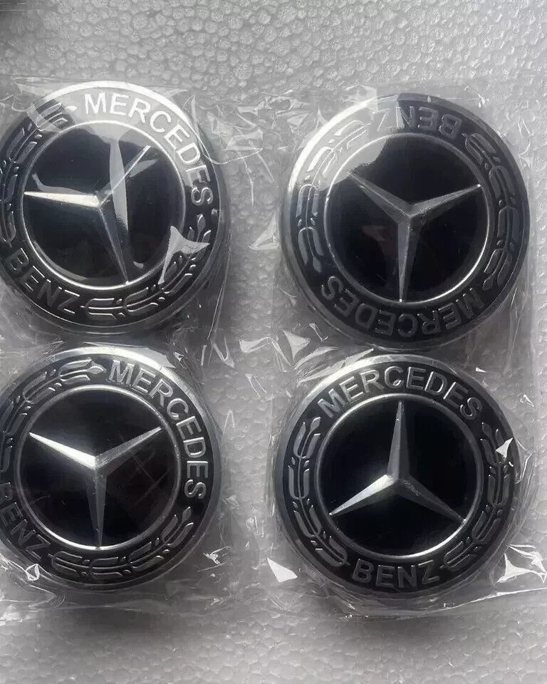 4 x Black Mercedes Benz 75mm Alloy Wheel Centre Caps AMG A B C E S M ...
