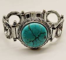 Turquoise Colored Dyed Stone Silver Tone Statement Bracelet Magnetic 7.5 in