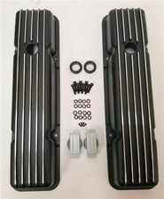 Retro Small Block Chevy Finned Aluminum Short Valve Covers Black Sbc 305 350 400