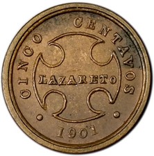 COLOMBIA 5 Centavos 1901 Brass UNC Leprosarium Coinage Bogota Mint