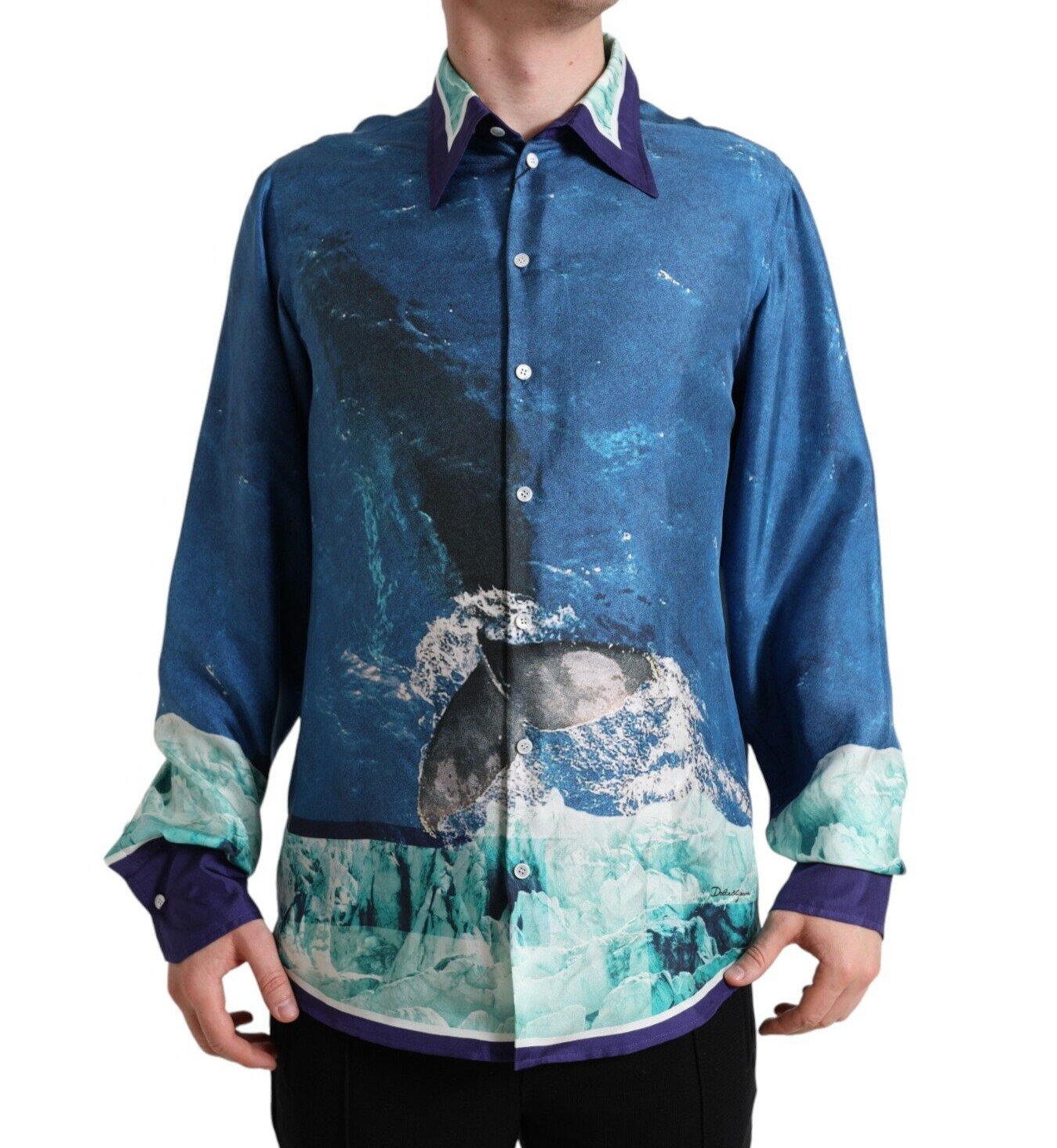 Рубашка DOLCE & GABBANA с голубым шелковым воротником и принтом Океан на пуговицах 42 / US16,5 /XL