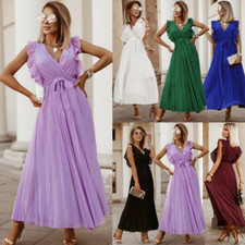 Women's Beach fashion slim sexy Ruffle Sleeve Chiffon pleated solid dress