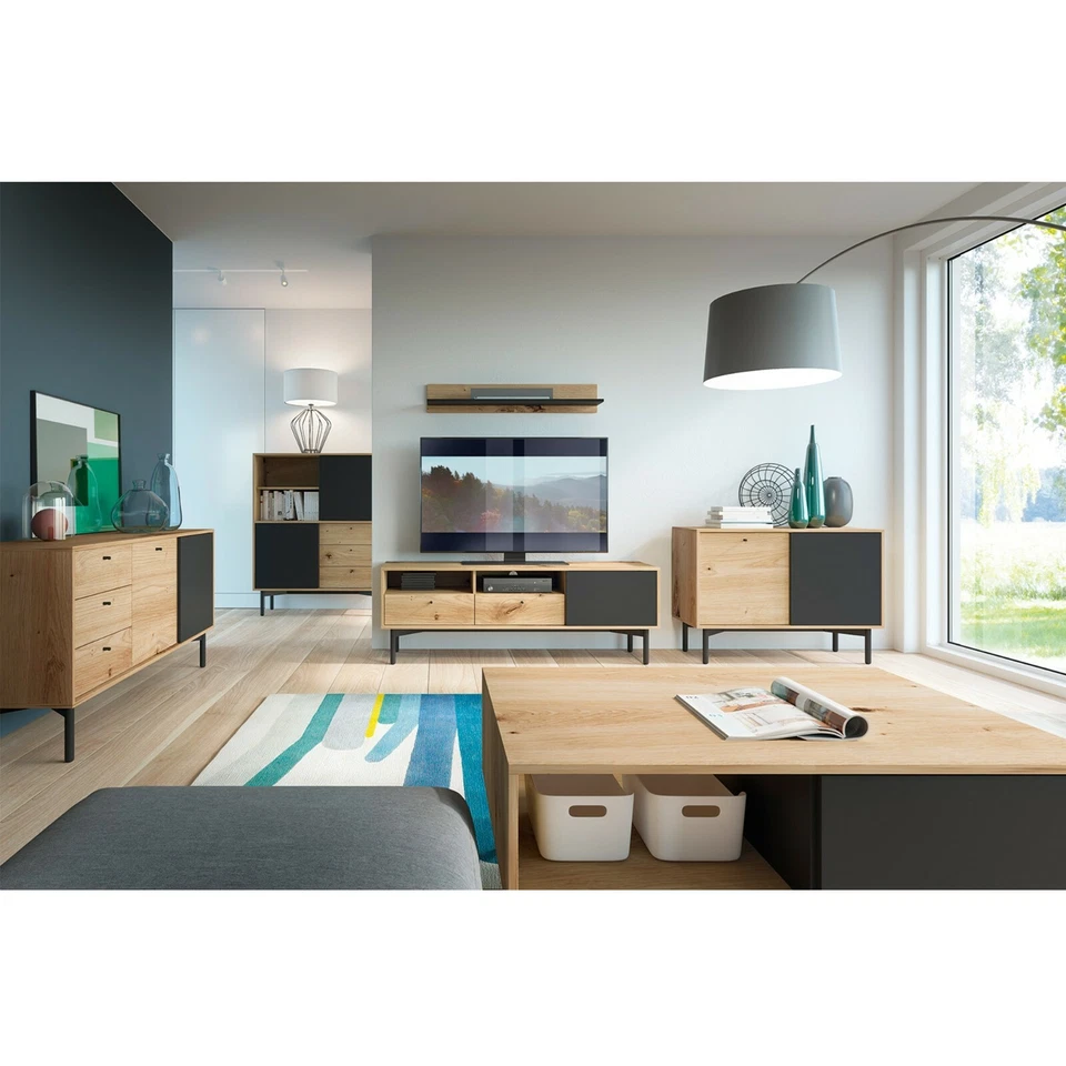 Kommode Sideboard Highboard Holz Schwarz Eiche Wohnzimmerschrank Industrial - Bild 2 von 4