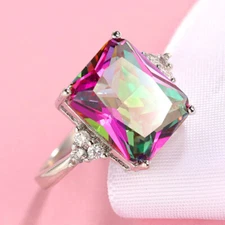 Special Price Super Square Rainbow Mystic Fire Topaz Gems Silver Ring Size 6-10