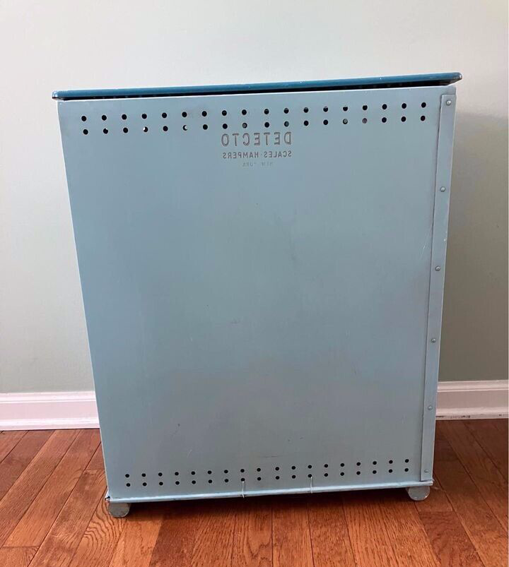 Vintage DETECTO Metal Laundry Hamper Turquoise Blue Aqua Mid Century