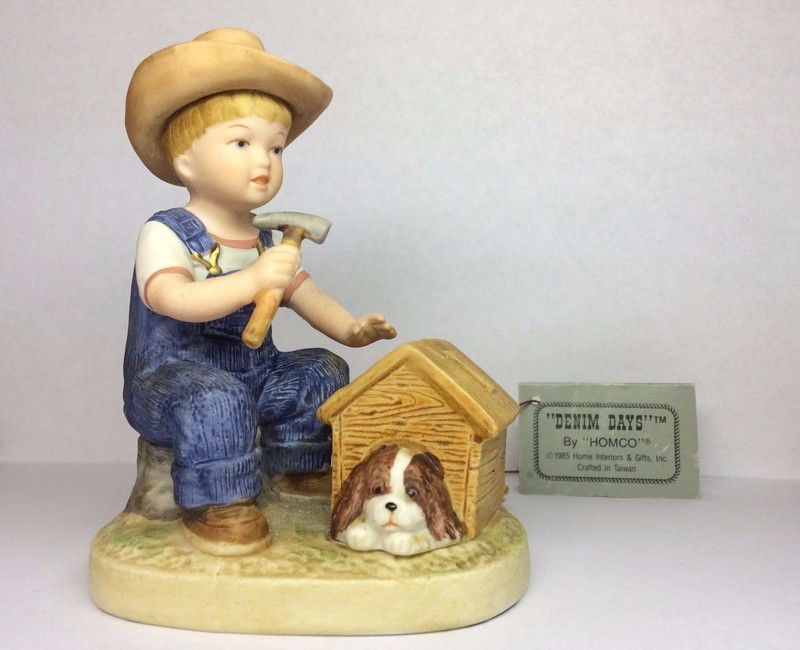Denim Days Puppy Love Dannie Puppy & Dog House 1985 Home Interior Figurine Vtg