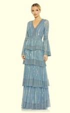 Mac Duggal Blue Sequin Stripe Long Bell Sleeve Tiered Ruffle Gown Size 8 $698