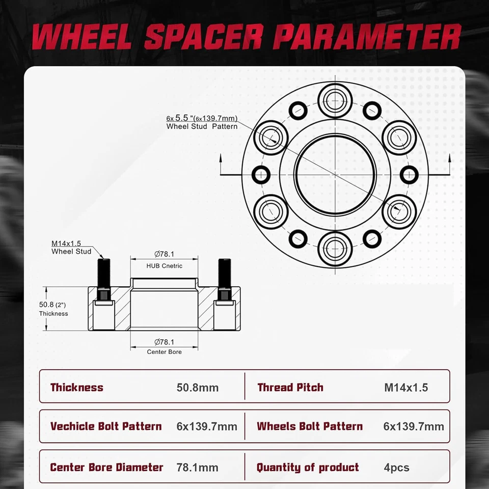 (4) 2" 6x5.5 6x139.7 Hubcentric Wheel Spacers 14x1.5 For 2015-2023 GMC Yukon XL - Image 2 of 4