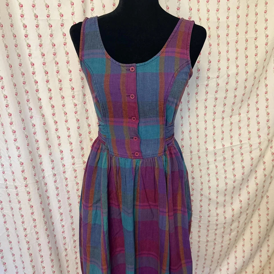 Vintage 80s does 50s Rainbow Plaid Fit and Flare Dress size M - Image 2 of 4