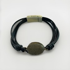 Leather Bracelet   Black Multi-Strand Cord w/ Oval Druzy Stone  Magnetic Clasp