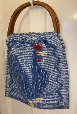 Vintage70’s  ‘Rooster’ Woven Tapestry Shopper Tote Bag Sturdy Rattan Handles 