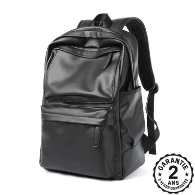 Sac à Dos en Cuir PU Homme Femme Noir Imperméable Voyages Affaires Laptop iPad - Photo 1/4