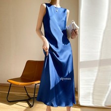 Lady Satin A-line Long Dress Camisole Slip High Waist Sleeveless Round Neck Thin