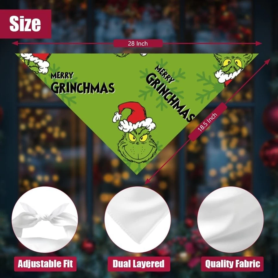 2PCS Funny Grinch Christmas Dog Bandanas Adjustable Double-Sided Scarf - Image 3 of 4