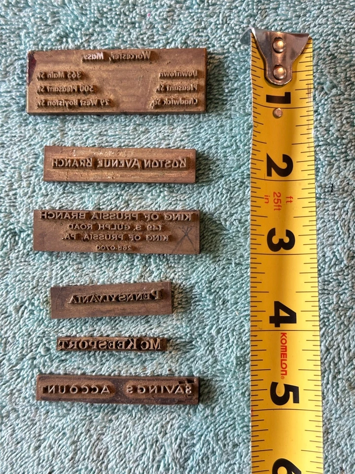 6 Solid Brass Mass. & Penn. Banking System Letter Printing Press Stamps Vintage - Image 3 of 3