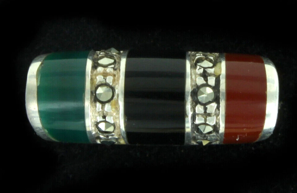 Argento D'Epoca 3 Pietra Anello di Marcasite - Onice / Verde Agata / Corniola ND - Immagine 2 di 4