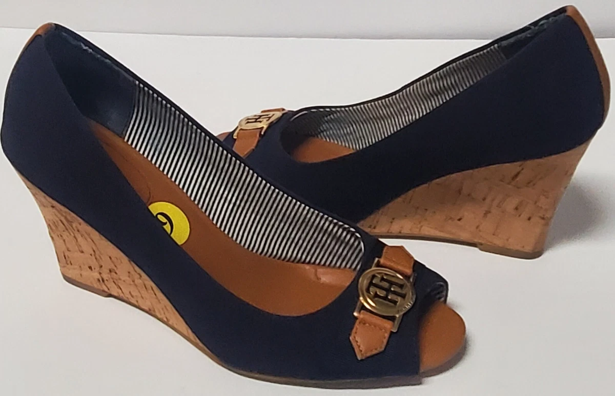 Tommy Hilfiger Toe Cork Sandals Navy w/Tan Gold Trim Canvas WO SZ | eBay