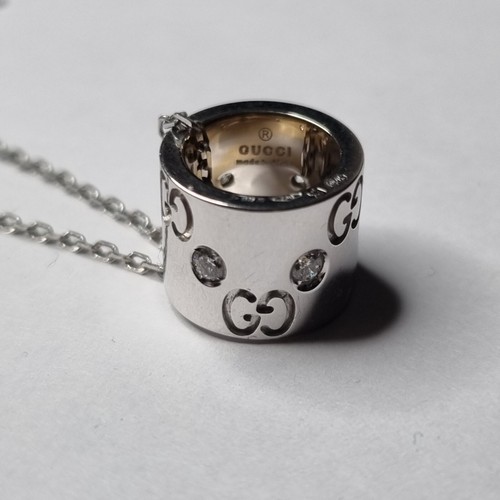 GUCCI 18CT WHITE GOLD DIAMOND ICON TWIRL GG LOGO MONOGRAM BARREL ROUND NECKLACE - 第 12/21 張圖片
