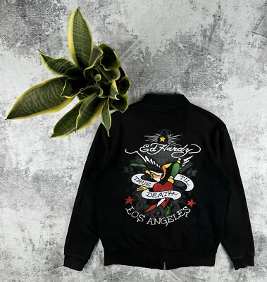 Ed Hardy Christian Audigier Y2K Sun Faded Till Death Bomber Hoodie Pullovover
