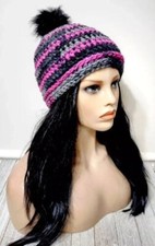 crochet womans handmade beanie hat faux fur pom pink black raspberry