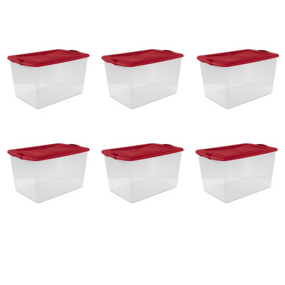 Sterilite 66 Quart Clear Plastic Storage Bin with Latch Lid, Red, 6 Count