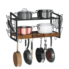 Hanging Pot Rack, Pot Rack Wall Mounted, 2-Tier Kitchen Pot and Lid Organizer...