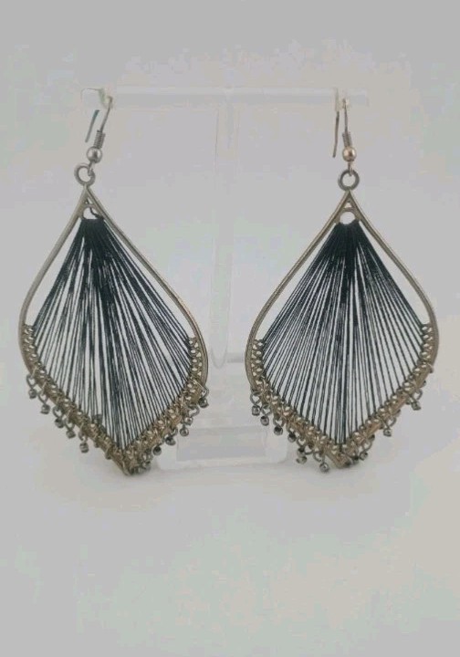 Brass Thread Leaf Dangle Drop Earrings Boho Black… - image 3