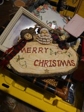 Merry Christmas Wall Hanging Plaque Snowman Santa Bear Rustic Wooden Country NEW