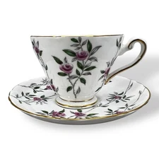 Tuscan Fine China Teacup And Saucer Pink Roses Gold Edge Vintage