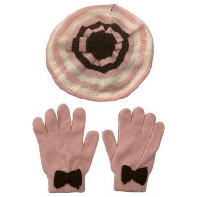 Girls Pink Striped Beret & Gloves Hat Set