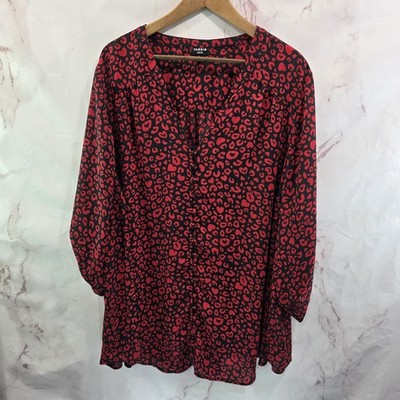 Torrid Shirt Womens 5 5X Red Black Blouse Heart Button Up Harper Leopard Cheetah